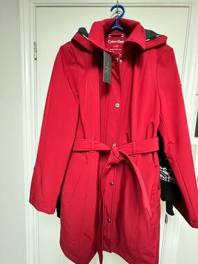 Calvin Klein Bright Red Hooded Belted Coat